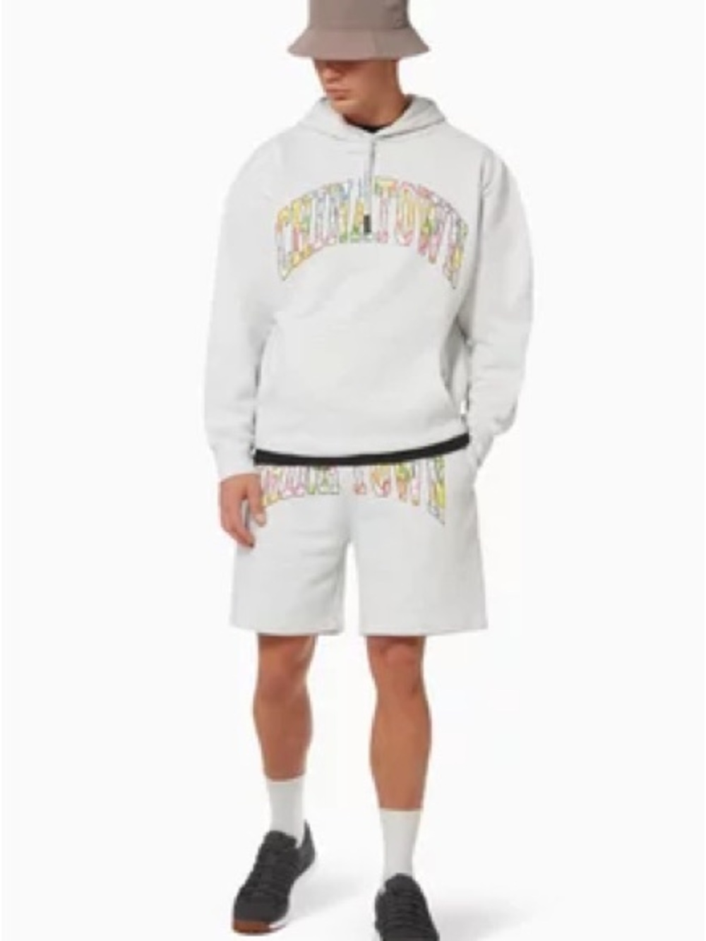 White Pullover Hoodie with Multicolor Arc Graphic